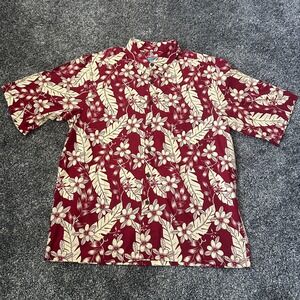 Vintage Reyn Spooner Hawaiian Shirt Mens Large Red Cream Floral Leaf Print Aloha